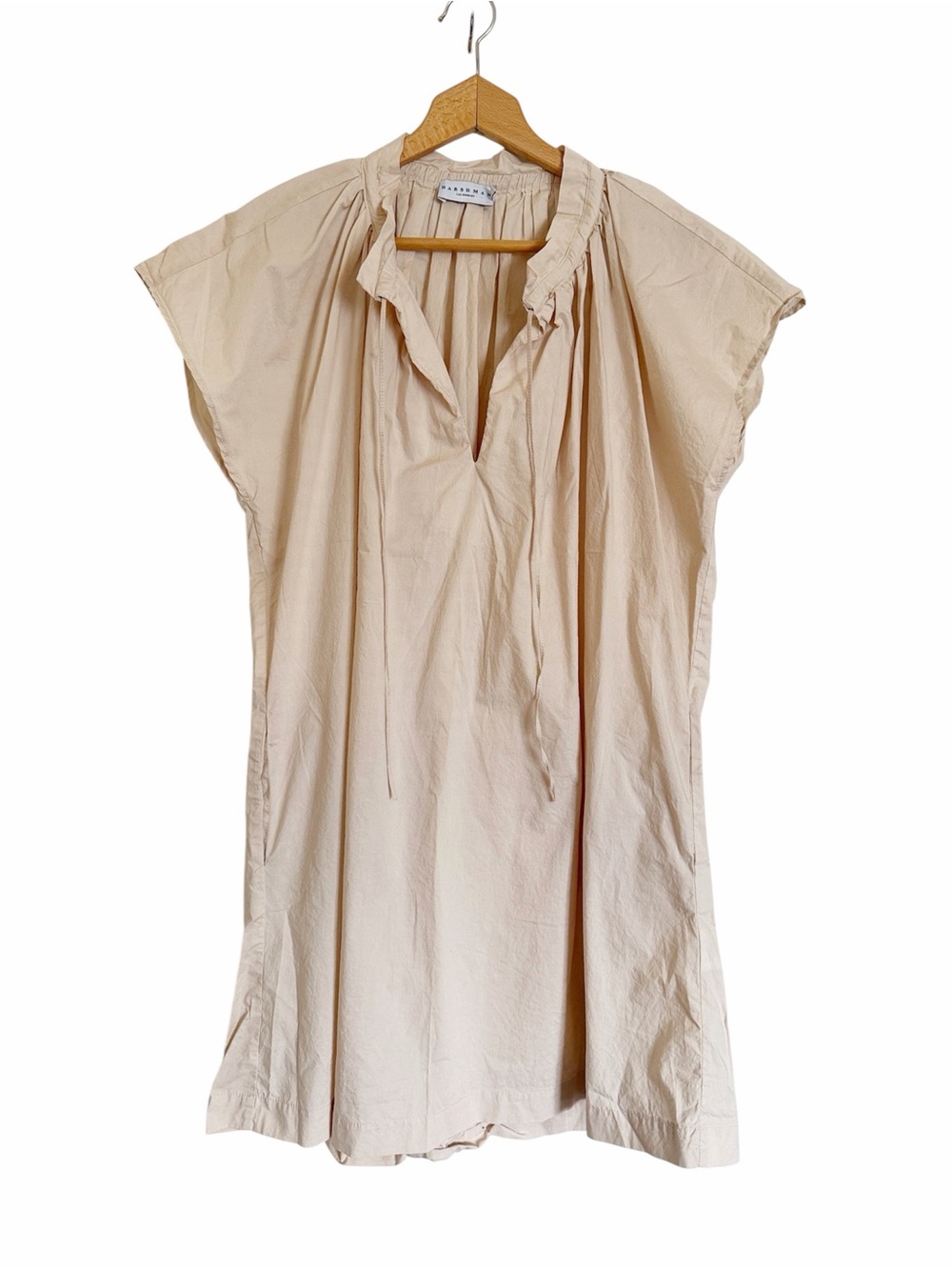Harshman Kuniyoshi Ruched Keyhole Beige Khaki Cotton Mini Dress size L